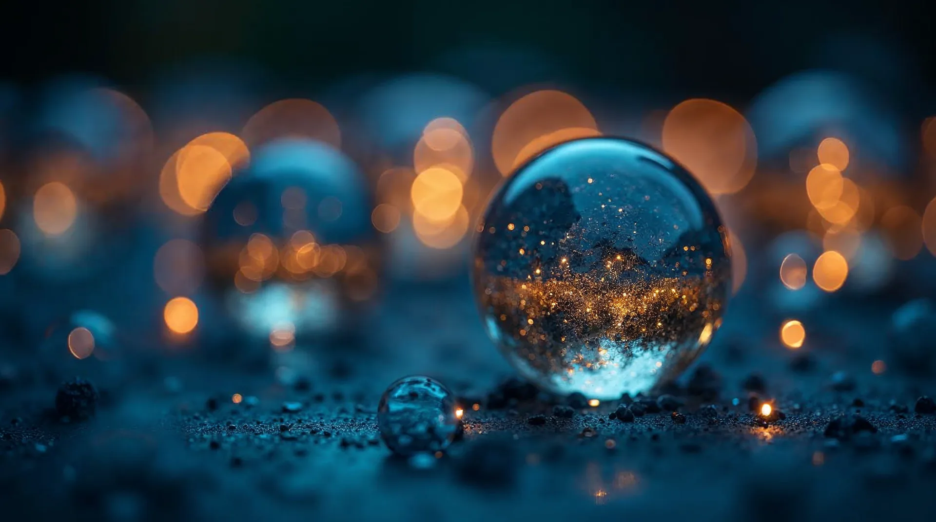 Mundgeblasene Glaskugeln mit goldenem Lichtbokeh