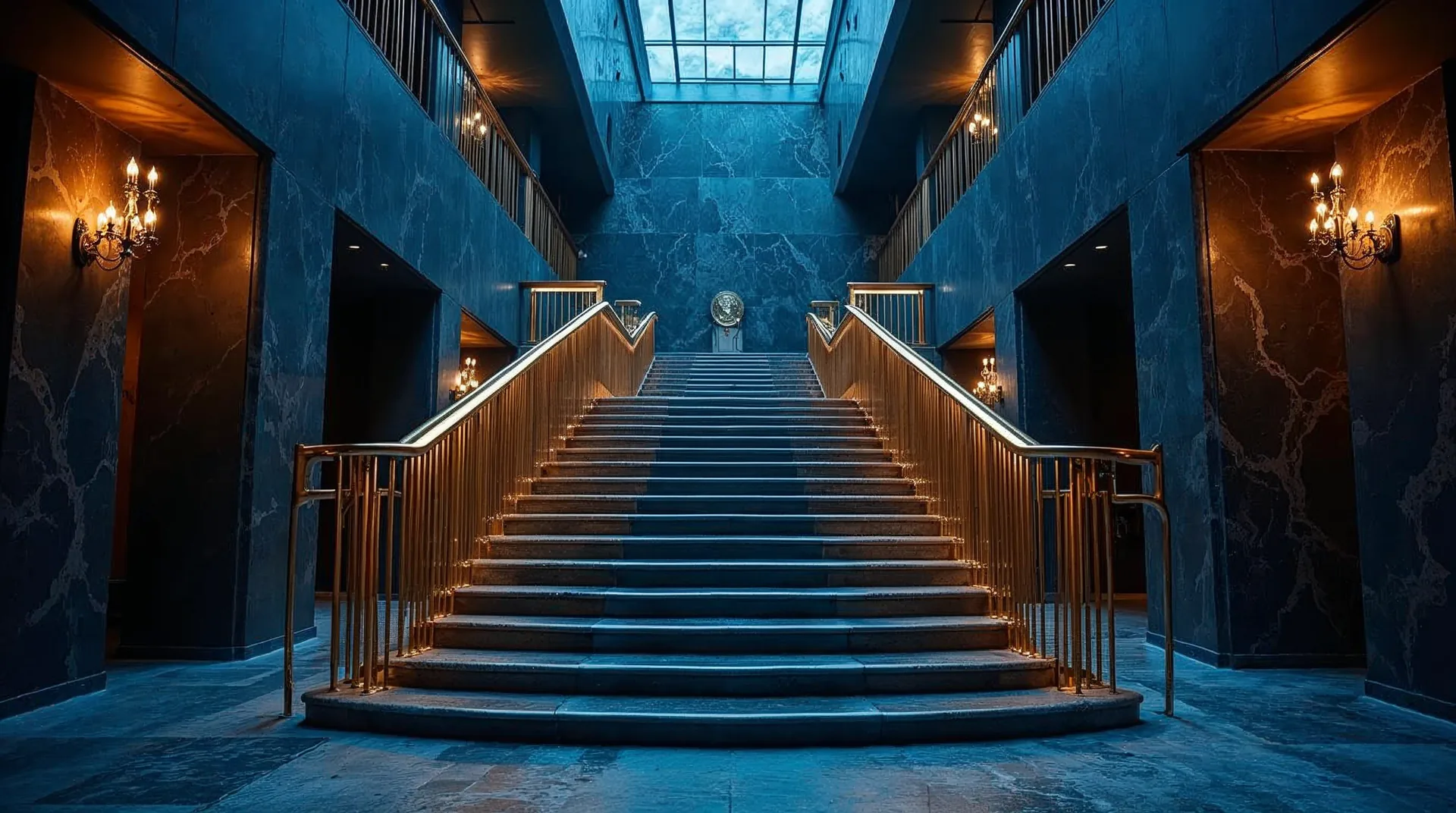Geschwungene Marmortreppe mit Messinghandlauf im Abendlicht