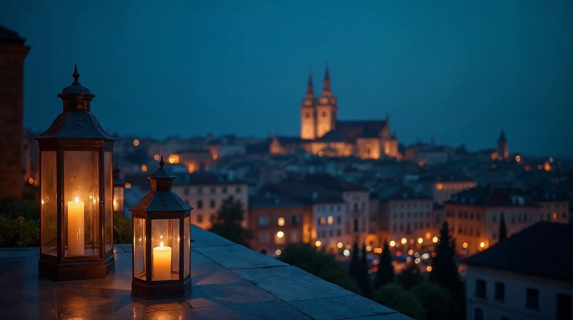 Dachterrasse mit Laternen über einer europäischen Altstadt