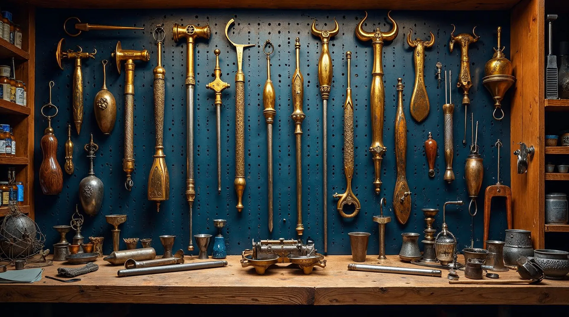 Tool wall of a master workshop with precision brass instruments